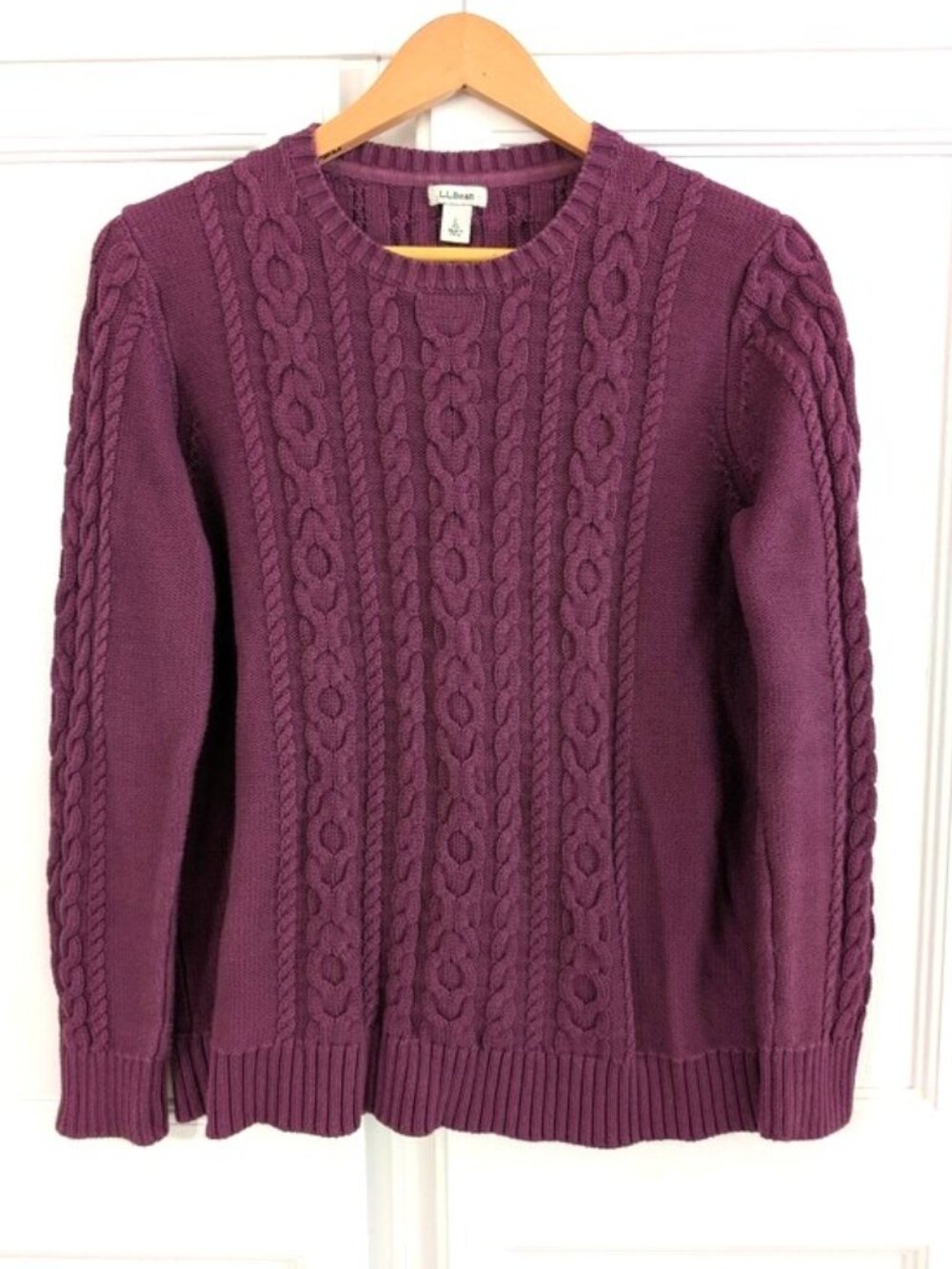 L.L. Bean Women's Cotton Cable Knit Crewneck Sweater - Berry Purple Size L